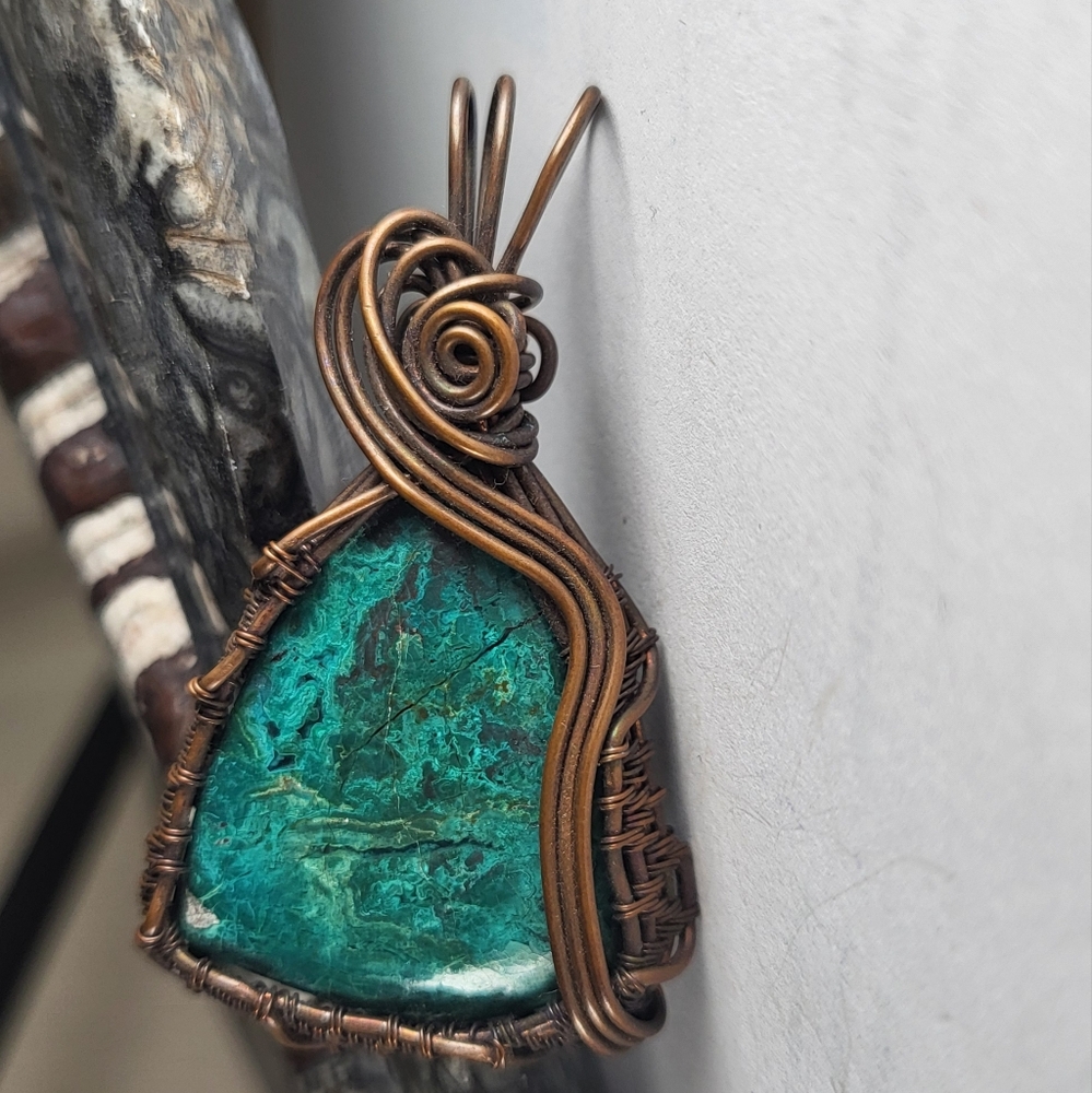 Handcrafted Copper Wire Wrapped Chrysocolla Pendant - Picture 2 of 3